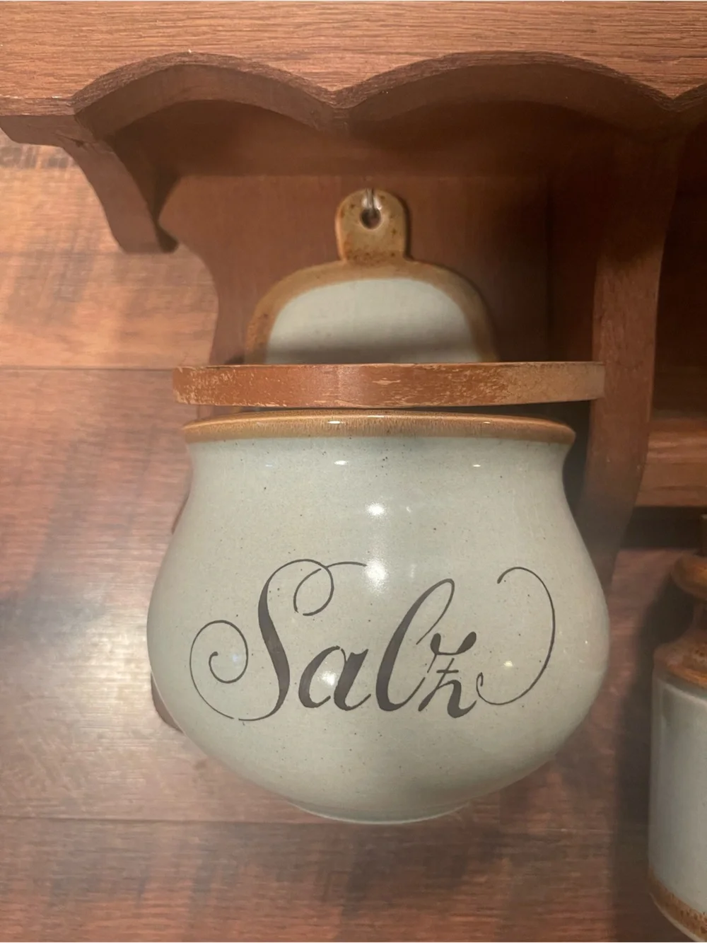 Wooden Scalloped Wall Shelf with 5 Schramberg German Ceramic Jars